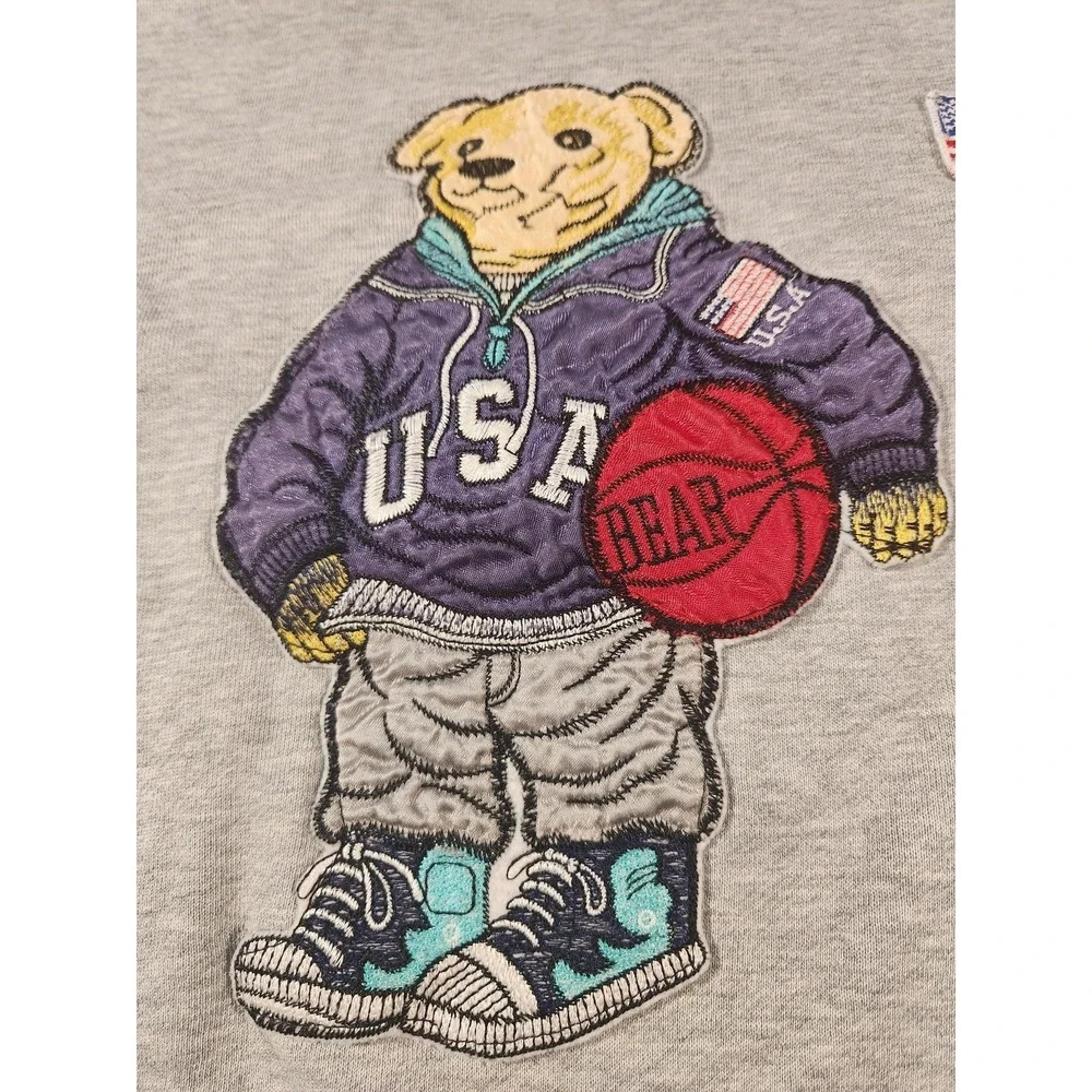 Polo Ralph Lauren Sweatshirt Mens XL Gray Bear USA Flag Basketball Fleece Lined‎
